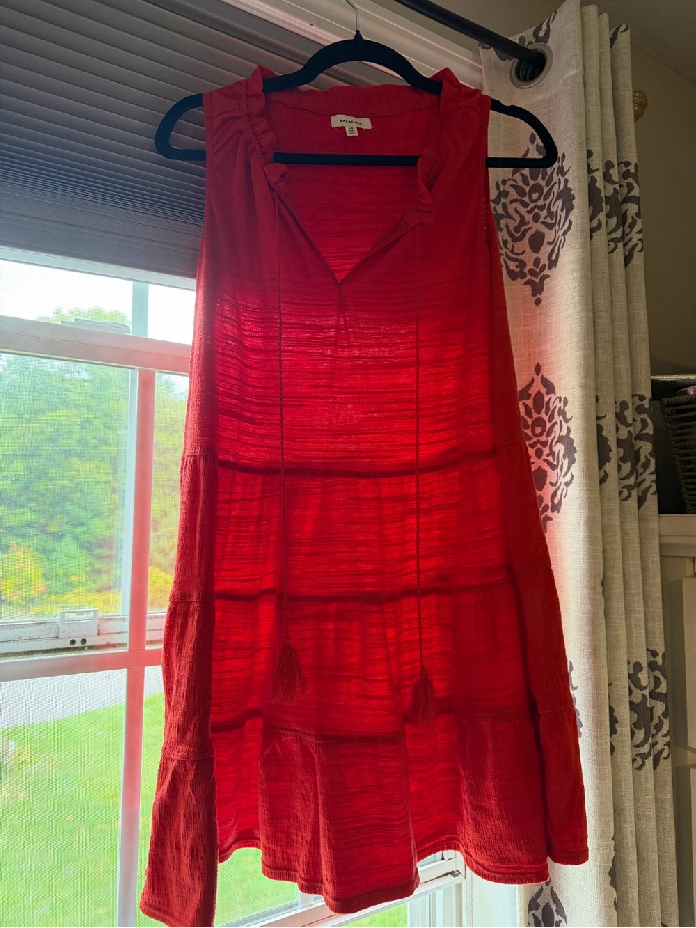 Max Studio Red Sleeveless Tiered Midi Dress with Tassel Ties